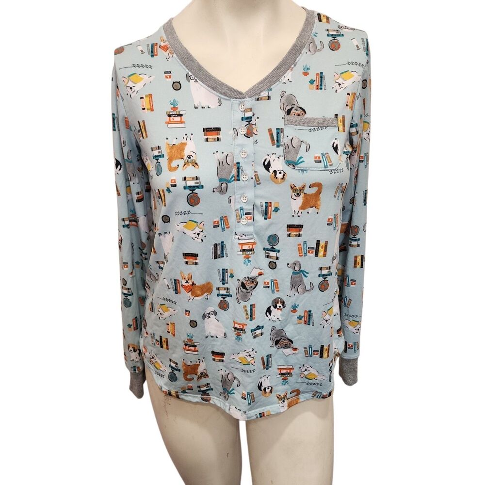 Cuddl Duds Dog Print Pajama Top Womens Small Blue Sleep Shirt Henley Cute